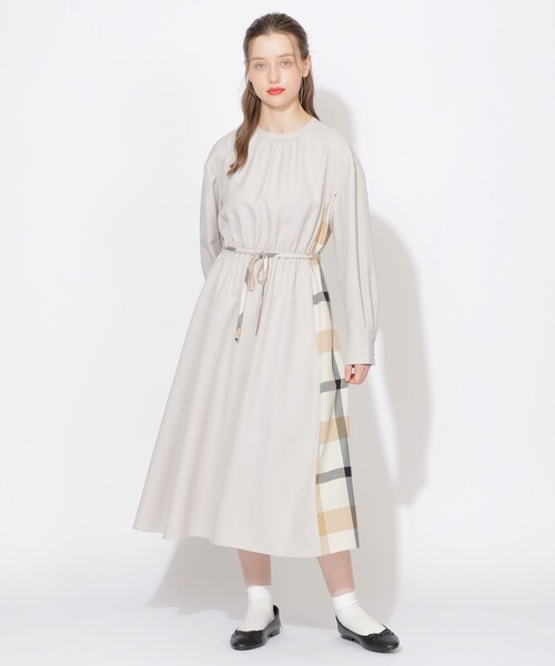 サイドチェック切替ラウンドネックワンピース（ワンピース）｜CB