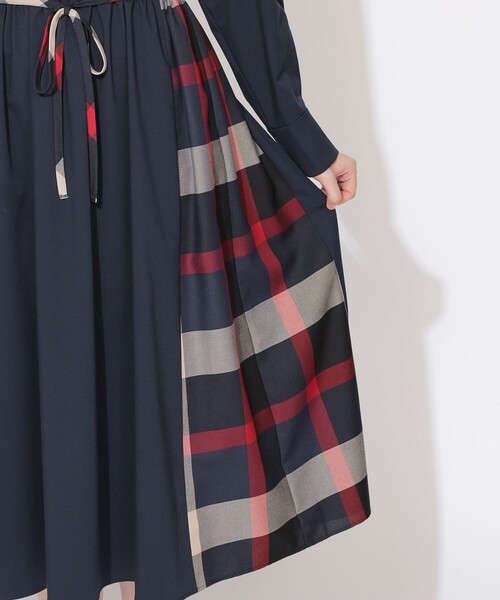 セール】サイドチェック切替ラウンドネックワンピース（ワンピース