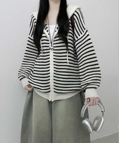セール】ボーダー柄 フーディ ニットパーカー（パーカー）｜VIVID LADY