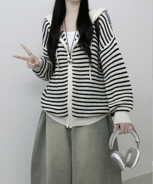セール】ボーダー柄 フーディ ニットパーカー（パーカー）｜VIVID LADY