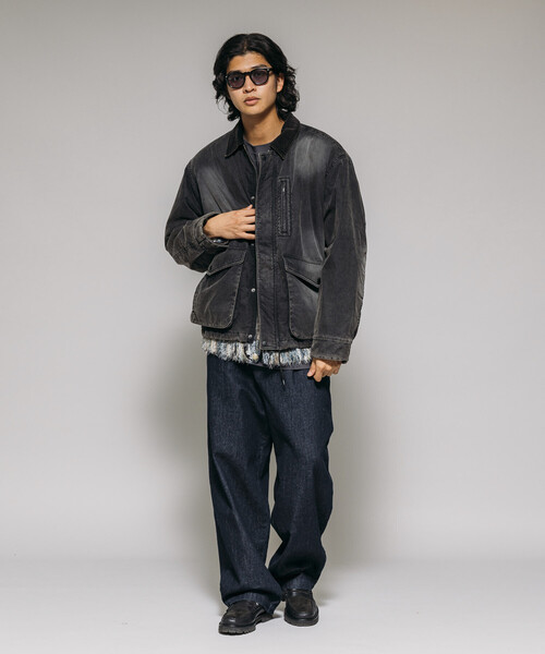 襟コーデュロイ切り替え コットンナイロンブルゾン/ヴィンテージ加工