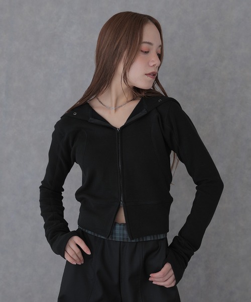 SUWDEE(スーディー)の「eyelet double zip hooded tops(パーカー・レディース・ブラック/グレー/ホワイト・FREE)」の1枚目の写真
