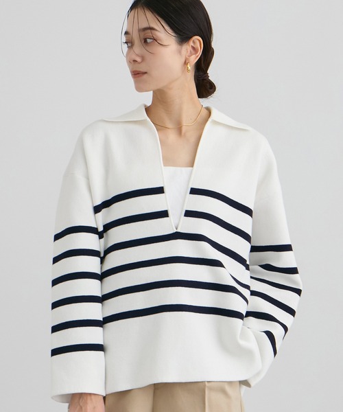 SALON adam et rope'（サロン アダム エ ロペ）の「【WEB限定】スキッパーニットプルオーバー（ニット/セーター・レディース・ブラック/グレー/オフホワイト・FREE）」の2枚目の写真