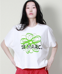 フレンチスリーブドマークフラワーセミクロップ半袖Tシャツアイボリーグリーン