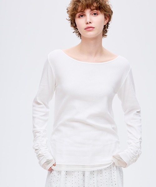 coca(coca)(コカ)の「袖シャーリングレイヤードトップス(Tシャツ/カットソー・レディース・ホワイト/ブラック・L/M/S)」の7枚目の写真