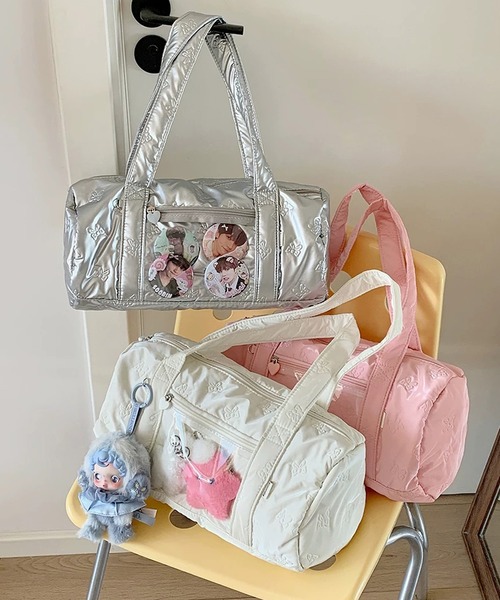shopnikoniko（ショップニコニコ）の「痛バ 痛バッグ  推し活 リボンキルティング クリアポケット付き ボストンバッグ（ボストンバッグ・レディース・ホワイト/シルバー/ピンク・フリー）」の6枚目の写真