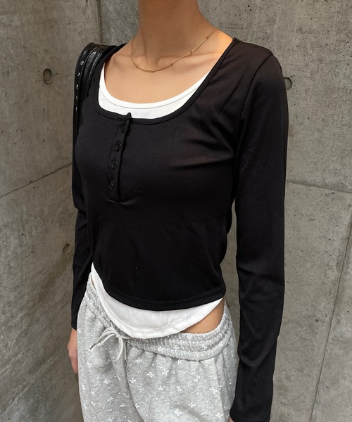 ROGER AND RAW(ロジャーアンドロウ)の「配色ヘンリーネックレイヤードトップス(Tシャツ/カットソー・レディース・カーキ/ブラウン/ブラック・FREE)」の18枚目の写真
