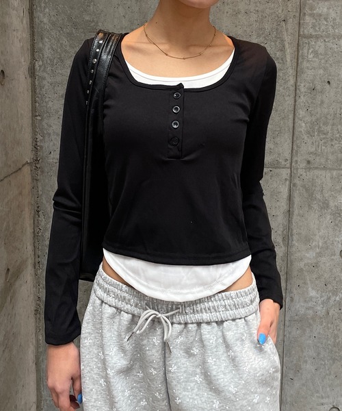 ROGER AND RAW(ロジャーアンドロウ)の「配色ヘンリーネックレイヤードトップス(Tシャツ/カットソー・レディース・カーキ/ブラウン/ブラック・FREE)」の22枚目の写真
