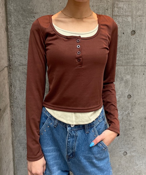 ROGER AND RAW(ロジャーアンドロウ)の「配色ヘンリーネックレイヤードトップス(Tシャツ/カットソー・レディース・カーキ/ブラウン/ブラック・FREE)」の17枚目の写真