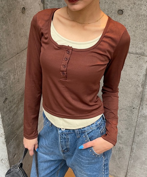 ROGER AND RAW(ロジャーアンドロウ)の「配色ヘンリーネックレイヤードトップス(Tシャツ/カットソー・レディース・カーキ/ブラウン/ブラック・FREE)」の16枚目の写真