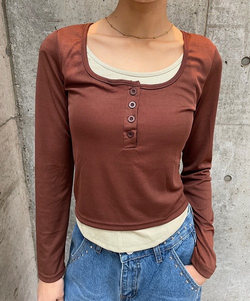ROGER AND RAW(ロジャーアンドロウ)の「配色ヘンリーネックレイヤードトップス(Tシャツ/カットソー・レディース・カーキ/ブラウン/ブラック・FREE)」の11枚目の写真