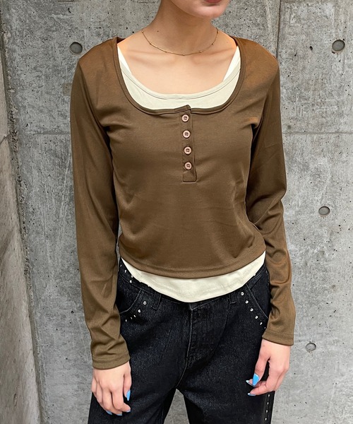 ROGER AND RAW(ロジャーアンドロウ)の「配色ヘンリーネックレイヤードトップス(Tシャツ/カットソー・レディース・カーキ/ブラウン/ブラック・FREE)」の8枚目の写真