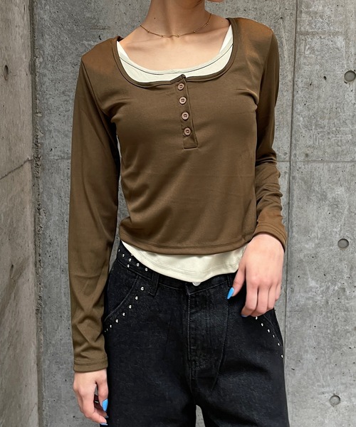 ROGER AND RAW(ロジャーアンドロウ)の「配色ヘンリーネックレイヤードトップス(Tシャツ/カットソー・レディース・カーキ/ブラウン/ブラック・FREE)」の7枚目の写真