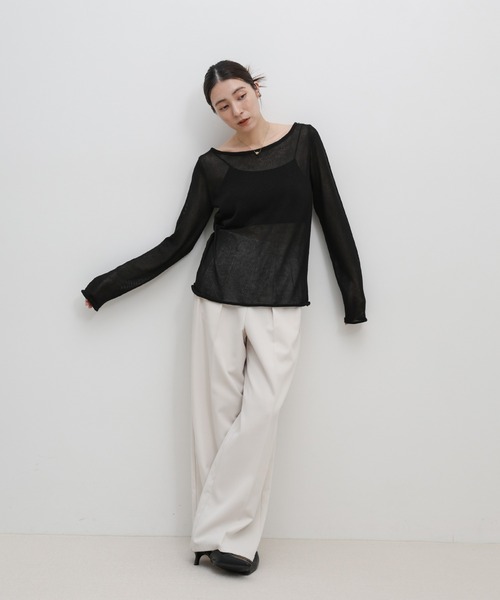 select MOCA(セレクトモカ)の「シアーボートネックロールヘムニット(ニット/セーター・レディース・ブラック/グレー/オフホワイト/ピンク・FREE)」の5枚目の写真