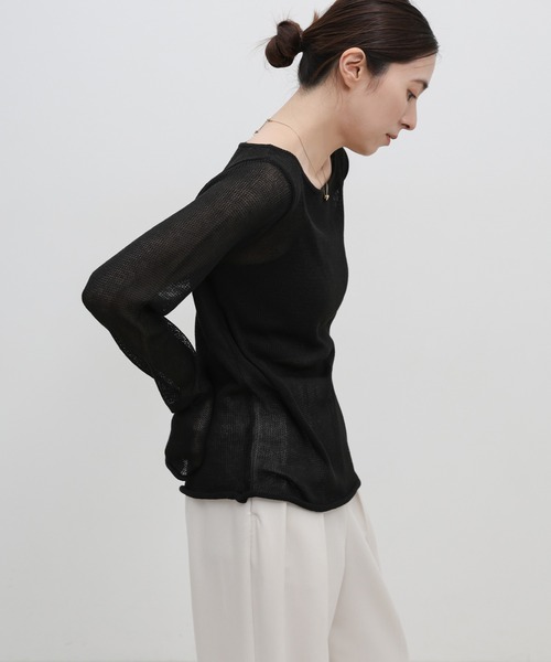 select MOCA(セレクトモカ)の「シアーボートネックロールヘムニット(ニット/セーター・レディース・ブラック/グレー/オフホワイト/ピンク・FREE)」の6枚目の写真