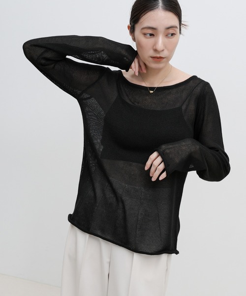 select MOCA(セレクトモカ)の「シアーボートネックロールヘムニット(ニット/セーター・レディース・ブラック/グレー/オフホワイト/ピンク・FREE)」の9枚目の写真