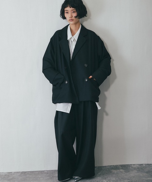 ワイドパンツ＋テーラードジャケット2点ベーシックセットアップスーツ