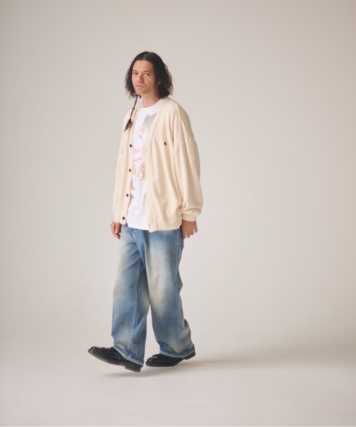 ADAM PATEK(アダムパテック)の「ADAMPATEK/washed cotton pile raw-edge cardigan/パイルカーディガン(カーディガン/ボレロ・メンズ・ブラック/アイボリー・2/1)」の3枚目の写真