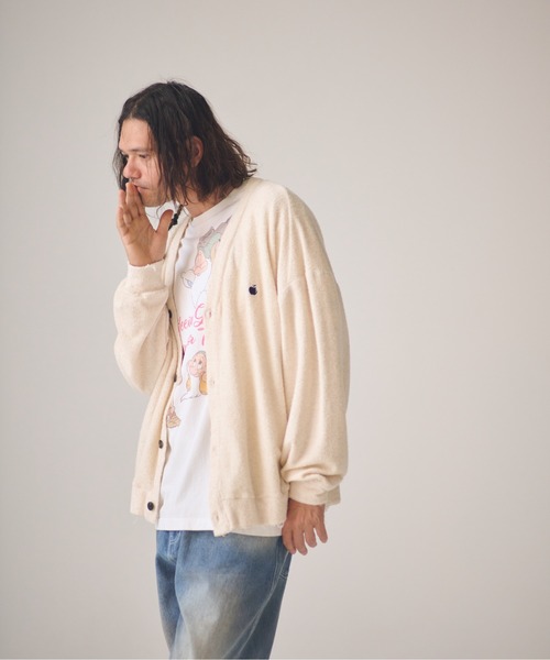 ADAM PATEK(アダムパテック)の「ADAMPATEK/washed cotton pile raw-edge cardigan/パイルカーディガン(カーディガン/ボレロ・メンズ・ブラック/アイボリー・2/1)」の5枚目の写真