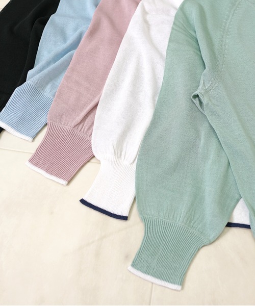 RAPASTEL(ラパステル)の「【接触冷感/UV対策】UVカット加工 シアーサマーニット カーディガン クルーネック バイカラー(カーディガン/ボレロ・レディース・ミント/ホワイト/サックスブルー/ライトピンク・M/L)」の11枚目の写真