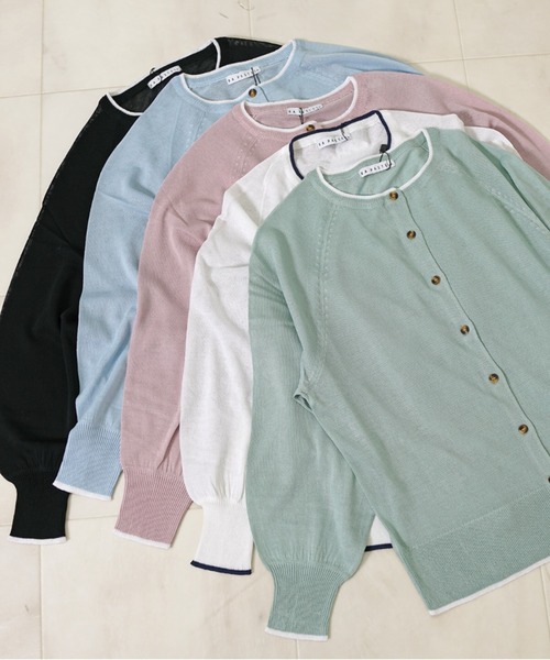 RAPASTEL(ラパステル)の「【接触冷感/UV対策】UVカット加工 シアーサマーニット カーディガン クルーネック バイカラー(カーディガン/ボレロ・レディース・ミント/ホワイト/サックスブルー/ライトピンク・M/L)」の12枚目の写真