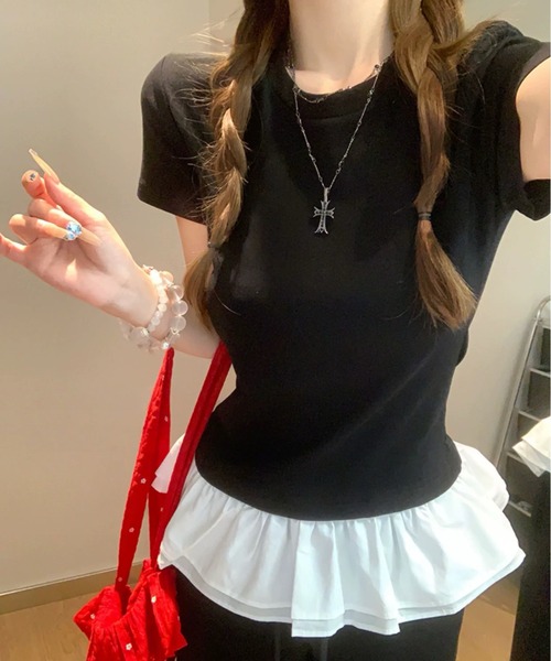 DIAVEL(ディアベル)の「ペプラムフリル切替トップス(Tシャツ/カットソー・レディース・ライトブルー/ブラック/ホワイト・M)」の13枚目の写真