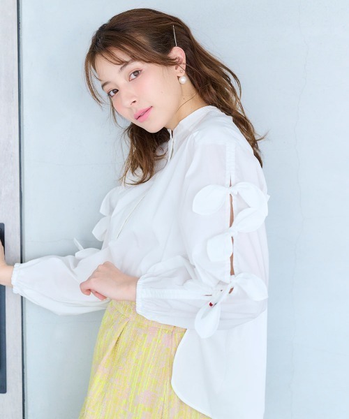 Chesty（チェスティー）の「リボンスリットブラウス（シャツ/ブラウス・レディース・ピンク/オフホワイト・1/0）」の7枚目の写真