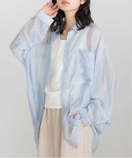 pocket（ポケット）の「【ZOZO先行販売】オーバーサイズシアーシャツ（シャツ/ブラウス・レディース・ピンク/サックスブルー/オフホワイト/ブルー・FREE）」の3枚目の写真