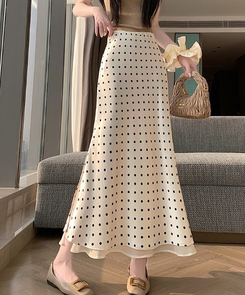 Diosfront（ディオスフロント）の「レイヤード風サテンドット柄マーメイドスカート（スカート・レディース・ブラック/ベージュ・S/M/L）」の14枚目の写真