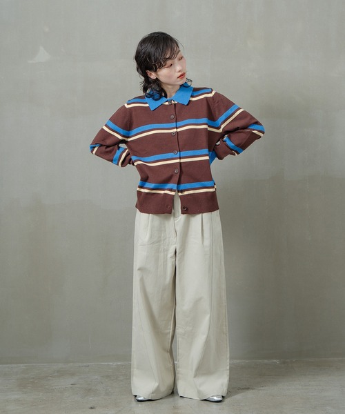 INOIE（イノイエ）の「[INOIE］マルチボーダー・ポロ襟ニットカーディガン（ニット/セーター・レディース・ブラウン・LARGE/MEDIUM）」の8枚目の写真