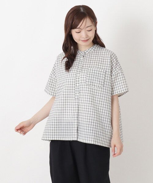 one'sterrace(ワンズテラス)の「リップル加工 チェック柄前開きブラウス(シャツ/ブラウス・レディース・アイボリー系8/オレンジ系その他5/ネイビー系5・02)」の1枚目の写真