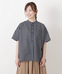 リップル加工 チェック柄前開きブラウス