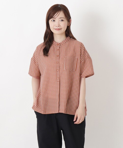 one'sterrace(ワンズテラス)の「リップル加工 チェック柄前開きブラウス(シャツ/ブラウス・レディース・アイボリー系8/オレンジ系その他5/ネイビー系5・02)」の3枚目の写真