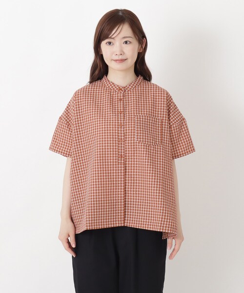 one'sterrace(ワンズテラス)の「リップル加工 チェック柄前開きブラウス(シャツ/ブラウス・レディース・アイボリー系8/オレンジ系その他5/ネイビー系5・02)」の4枚目の写真