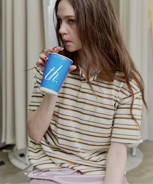 thinkto(シンクト)の「ブークレボーダーポロシャツ(Tシャツ/カットソー・レディース・イエロー/ライトブルー・FREE)」の1枚目の写真