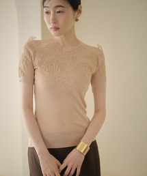 scallop lace off shoulder rib knit  / スカラップレース オフショルダーリブニット