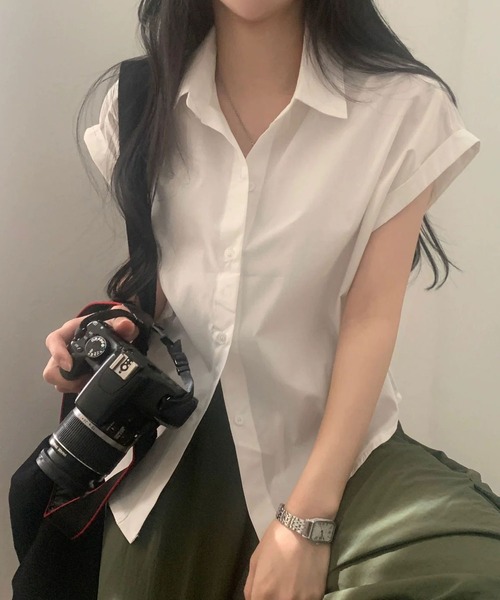 MAISON DE THERESE(メゾン ド テレーズ)の「夏 ベーシック 襟付きシャツ レディース 半袖 袖口ロールアップ 上品 カジュアルトップス(シャツ/ブラウス・レディース・ベージュ/ブラック/ホワイト/グリーン/ピンク/チャコールグレー/ブルー・M)」の2枚目の写真