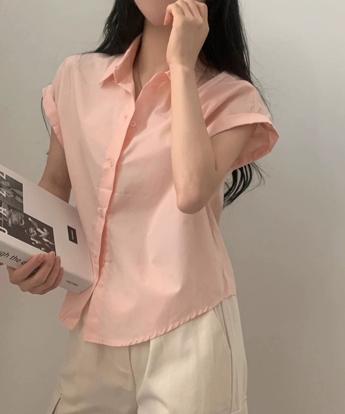 MAISON DE THERESE(メゾン ド テレーズ)の「夏 ベーシック 襟付きシャツ レディース 半袖 袖口ロールアップ 上品 カジュアルトップス(シャツ/ブラウス・レディース・ベージュ/ブラック/ホワイト/グリーン/ピンク/チャコールグレー/ブルー・M)」の7枚目の写真