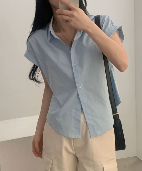 MAISON DE THERESE(メゾン ド テレーズ)の「夏 ベーシック 襟付きシャツ レディース 半袖 袖口ロールアップ 上品 カジュアルトップス(シャツ/ブラウス・レディース・ベージュ/ブラック/ホワイト/グリーン/ピンク/チャコールグレー/ブルー・M)」の6枚目の写真
