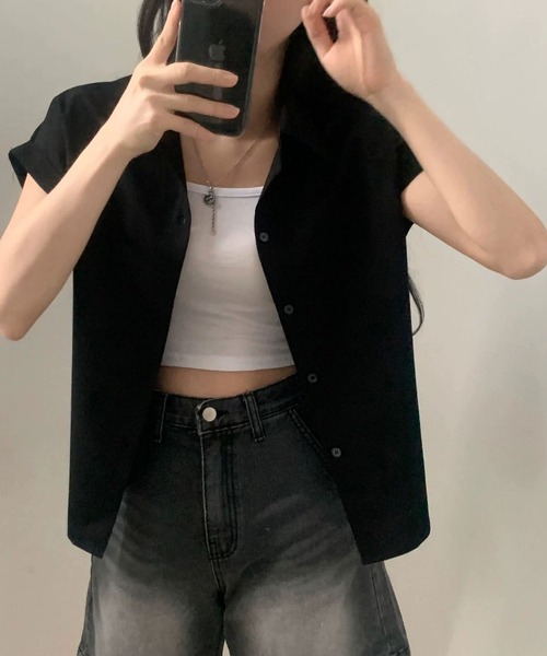 MAISON DE THERESE(メゾン ド テレーズ)の「夏 ベーシック 襟付きシャツ レディース 半袖 袖口ロールアップ 上品 カジュアルトップス(シャツ/ブラウス・レディース・ベージュ/ブラック/ホワイト/グリーン/ピンク/チャコールグレー/ブルー・M)」の3枚目の写真