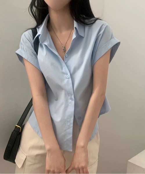 MAISON DE THERESE(メゾン ド テレーズ)の「夏 ベーシック 襟付きシャツ レディース 半袖 袖口ロールアップ 上品 カジュアルトップス(シャツ/ブラウス・レディース・ベージュ/ブラック/ホワイト/グリーン/ピンク/チャコールグレー/ブルー・M)」の19枚目の写真