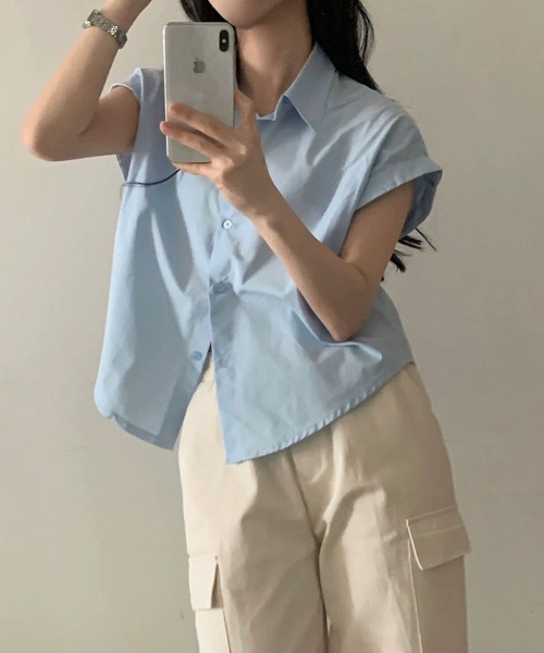 MAISON DE THERESE(メゾン ド テレーズ)の「夏 ベーシック 襟付きシャツ レディース 半袖 袖口ロールアップ 上品 カジュアルトップス(シャツ/ブラウス・レディース・ベージュ/ブラック/ホワイト/グリーン/ピンク/チャコールグレー/ブルー・M)」の20枚目の写真