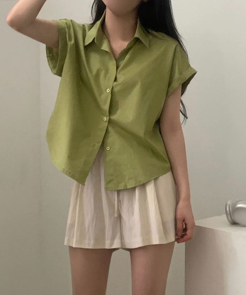 MAISON DE THERESE(メゾン ド テレーズ)の「夏 ベーシック 襟付きシャツ レディース 半袖 袖口ロールアップ 上品 カジュアルトップス(シャツ/ブラウス・レディース・ベージュ/ブラック/ホワイト/グリーン/ピンク/チャコールグレー/ブルー・M)」の9枚目の写真