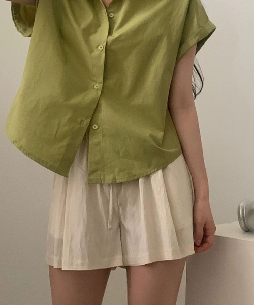 MAISON DE THERESE(メゾン ド テレーズ)の「夏 ベーシック 襟付きシャツ レディース 半袖 袖口ロールアップ 上品 カジュアルトップス(シャツ/ブラウス・レディース・ベージュ/ブラック/ホワイト/グリーン/ピンク/チャコールグレー/ブルー・M)」の16枚目の写真