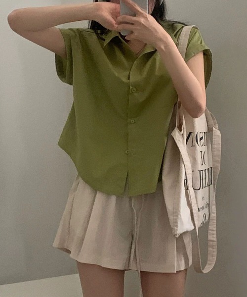 MAISON DE THERESE(メゾン ド テレーズ)の「夏 ベーシック 襟付きシャツ レディース 半袖 袖口ロールアップ 上品 カジュアルトップス(シャツ/ブラウス・レディース・ベージュ/ブラック/ホワイト/グリーン/ピンク/チャコールグレー/ブルー・M)」の10枚目の写真