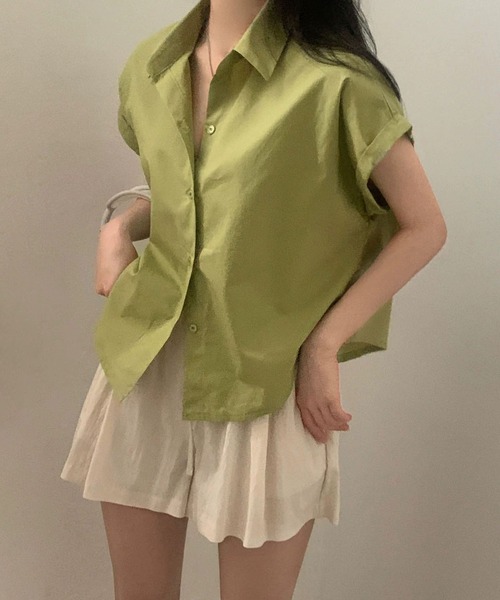 MAISON DE THERESE(メゾン ド テレーズ)の「夏 ベーシック 襟付きシャツ レディース 半袖 袖口ロールアップ 上品 カジュアルトップス(シャツ/ブラウス・レディース・ベージュ/ブラック/ホワイト/グリーン/ピンク/チャコールグレー/ブルー・M)」の11枚目の写真