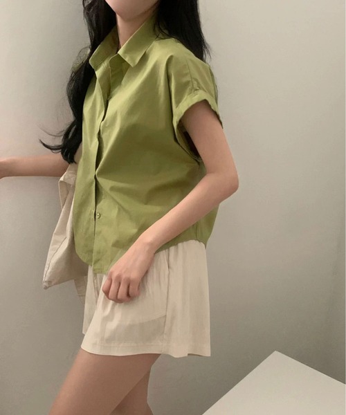 MAISON DE THERESE(メゾン ド テレーズ)の「夏 ベーシック 襟付きシャツ レディース 半袖 袖口ロールアップ 上品 カジュアルトップス(シャツ/ブラウス・レディース・ベージュ/ブラック/ホワイト/グリーン/ピンク/チャコールグレー/ブルー・M)」の12枚目の写真