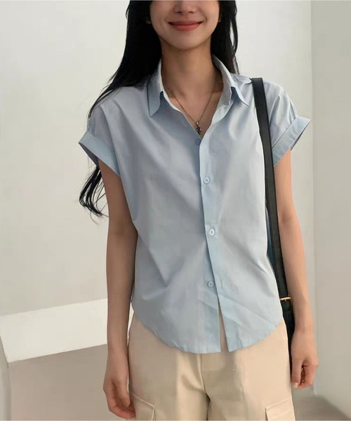 MAISON DE THERESE(メゾン ド テレーズ)の「夏 ベーシック 襟付きシャツ レディース 半袖 袖口ロールアップ 上品 カジュアルトップス(シャツ/ブラウス・レディース・ベージュ/ブラック/ホワイト/グリーン/ピンク/チャコールグレー/ブルー・M)」の22枚目の写真