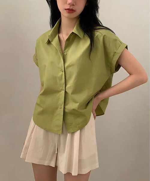 MAISON DE THERESE(メゾン ド テレーズ)の「夏 ベーシック 襟付きシャツ レディース 半袖 袖口ロールアップ 上品 カジュアルトップス(シャツ/ブラウス・レディース・ベージュ/ブラック/ホワイト/グリーン/ピンク/チャコールグレー/ブルー・M)」の8枚目の写真