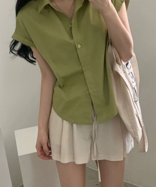 MAISON DE THERESE(メゾン ド テレーズ)の「夏 ベーシック 襟付きシャツ レディース 半袖 袖口ロールアップ 上品 カジュアルトップス(シャツ/ブラウス・レディース・ベージュ/ブラック/ホワイト/グリーン/ピンク/チャコールグレー/ブルー・M)」の14枚目の写真